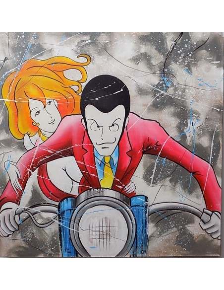 Quadro Lupin III cm 100x100 con Margot Fujiko in moto pop art moderno arredo