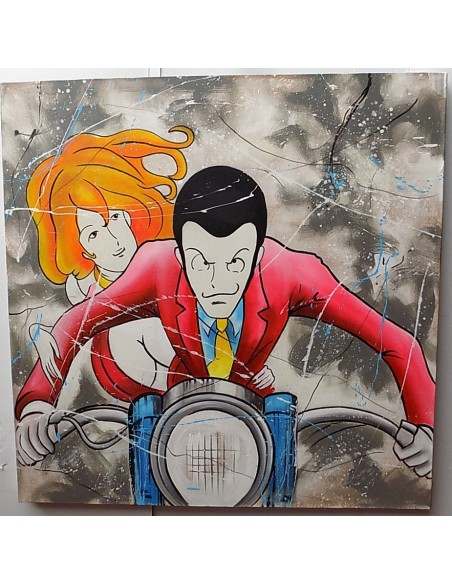 Quadro Lupin III cm 100x100 con Margot Fujiko in moto pop art moderno arredo