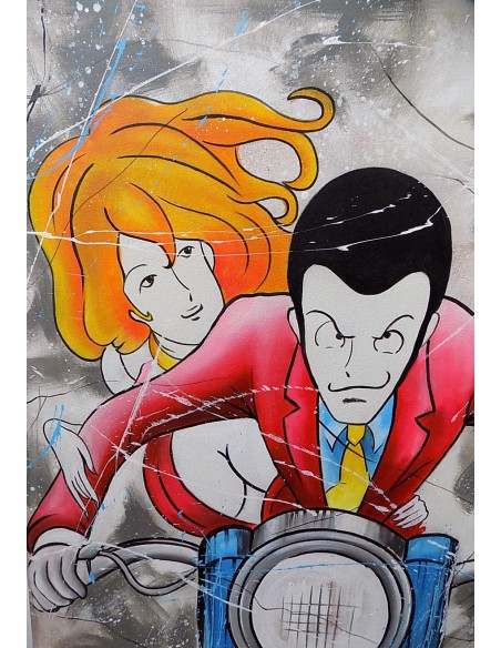 Quadro Lupin III cm 100x100 con Margot Fujiko in moto pop art moderno arredo