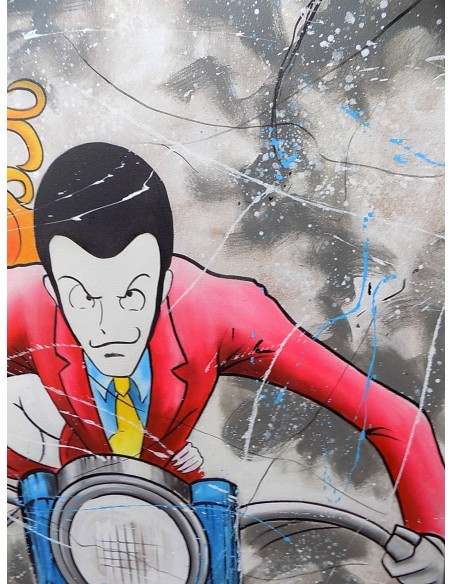 Quadro Lupin III cm 100x100 con Margot Fujiko in moto pop art moderno arredo