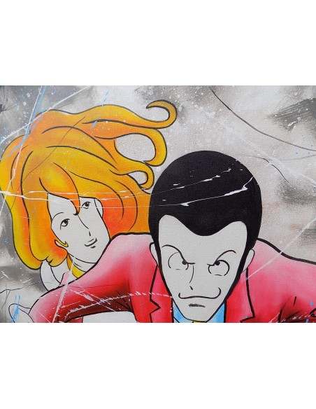 Quadro Lupin III cm 100x100 con Margot Fujiko in moto pop art moderno arredo