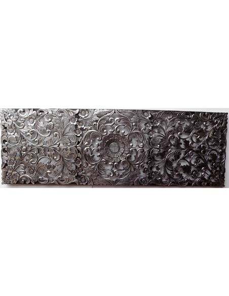 Pannello floreale in legno mdf traforato a mano cm 150x50 argento anticato quadro dipinto silver