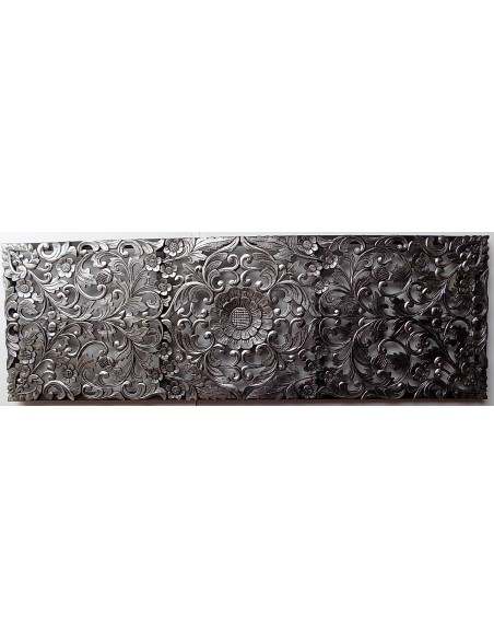 Pannello floreale in legno mdf traforato a mano cm 150x50 argento anticato quadro dipinto silver