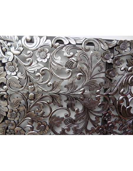 Pannello floreale in legno mdf traforato a mano cm 150x50 argento anticato quadro dipinto silver