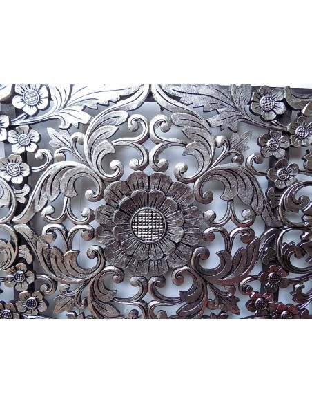 Pannello floreale in legno mdf traforato a mano cm 150x50 argento anticato quadro dipinto silver