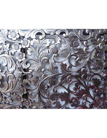 Pannello floreale in legno mdf traforato a mano cm 150x50 argento anticato quadro dipinto silver