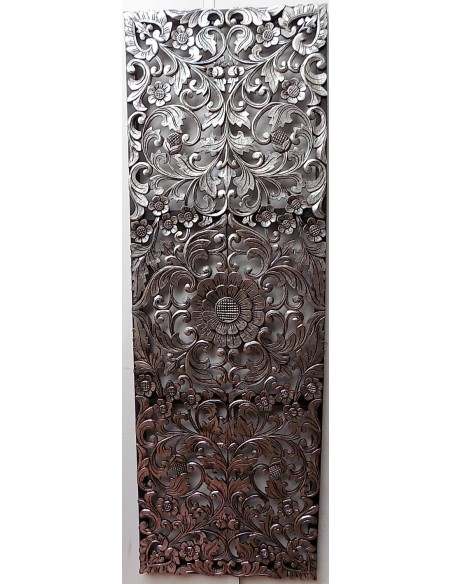 Pannello floreale in legno mdf traforato a mano cm 150x50 argento anticato quadro dipinto silver