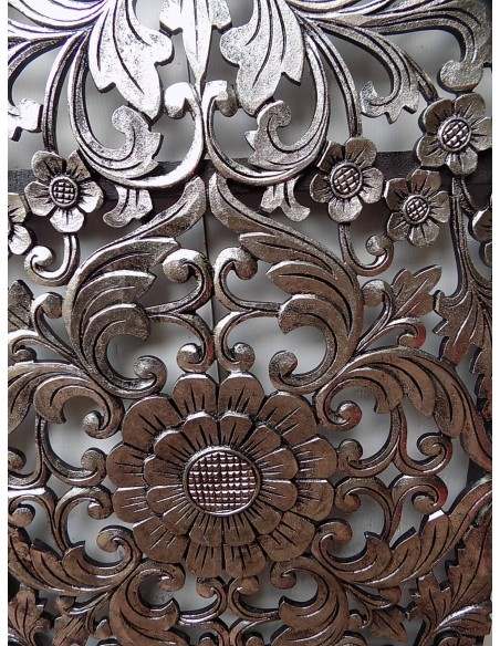 Pannello floreale in legno mdf traforato a mano cm 150x50 argento anticato quadro dipinto silver