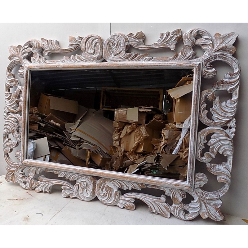 Victoria Specchio barocco in legno intarsiato cm 120x90  bianco decapato mod