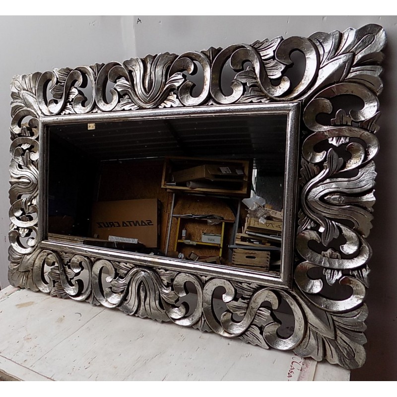 Specchio Barocco in Legno intarsiato cm 120x80 Argento Anticato MOD Valencia Marblechic 