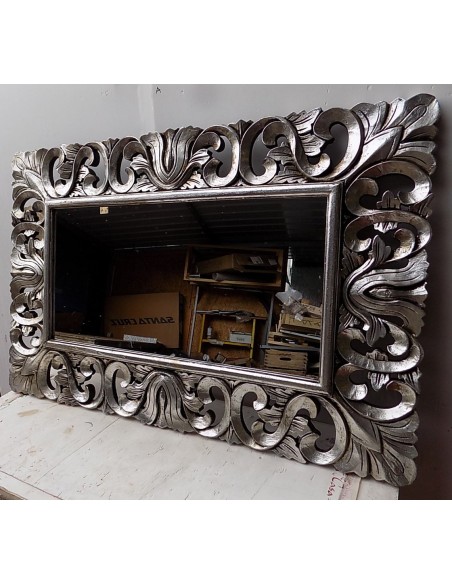 Specchio barocco in legno intarsiato cm 120x80 argento anticato mod. Valencia