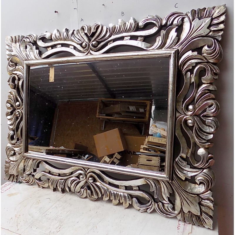 nowa Specchio barocco in legno intarsiato cm 100x80  argento anticato mod 