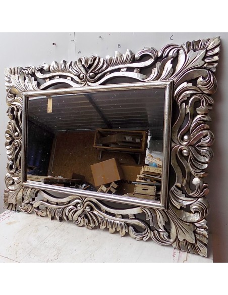 Specchio barocco in legno intarsiato cm 120x90 argento anticato mod. Nowa arta