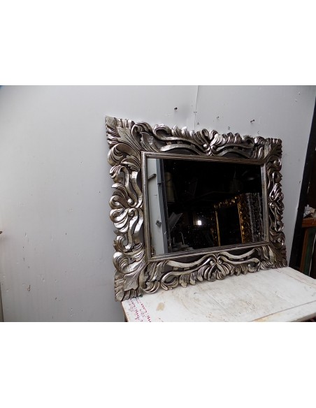 Specchio barocco in legno intarsiato cm 120x90 argento anticato mod. Nowa arta