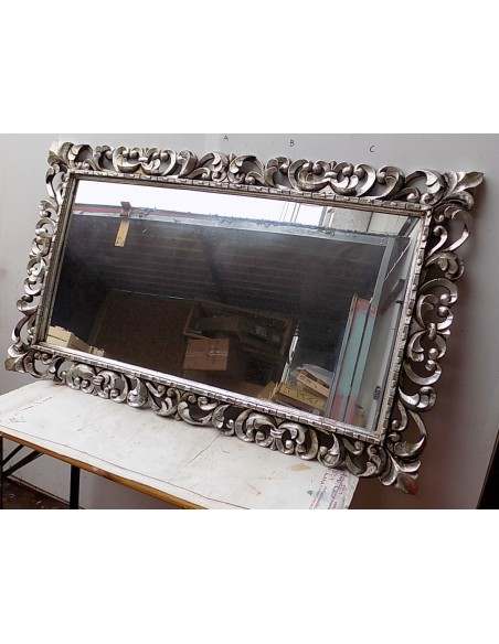 Specchio barocco in legno intarsiato cm 150x90 argento anticato mod. Tommytample