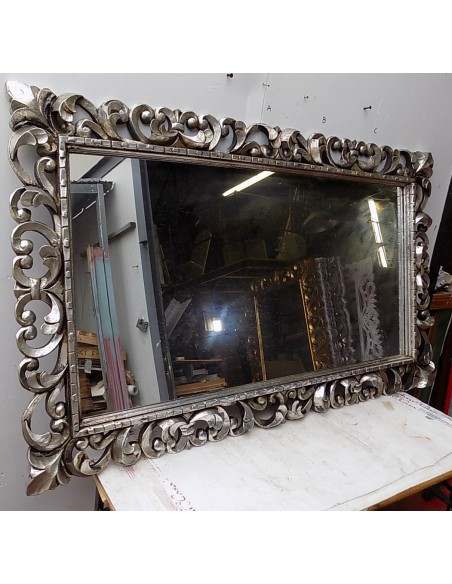 Specchio barocco in legno intarsiato cm 150x90 argento anticato mod. Tommytample