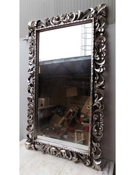 Specchio barocco in legno intarsiato cm 150x90 argento anticato mod. Tommytample