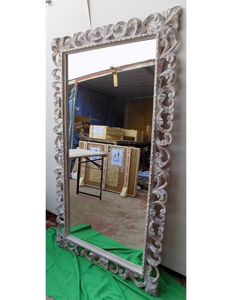 Specchio barocco in legno intarsiato cm 180x100 bianco decapato mod. Tommytample