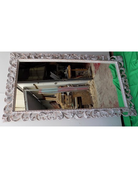 Specchio barocco in legno intarsiato cm 180x100 bianco decapato mod. Tommytample