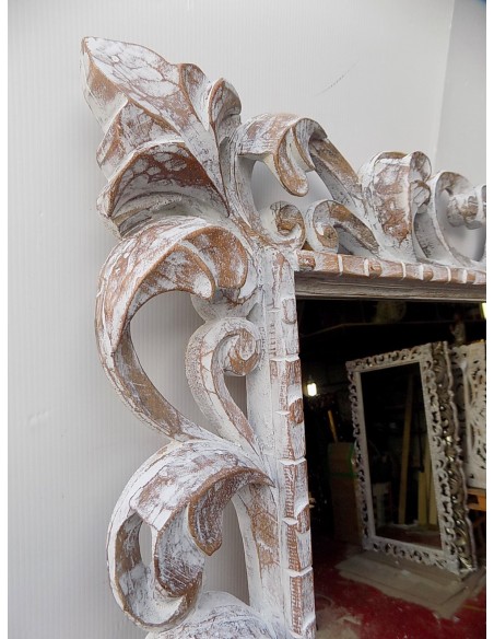 Specchio barocco in legno intarsiato cm 180x100 bianco decapato mod. Tommytample