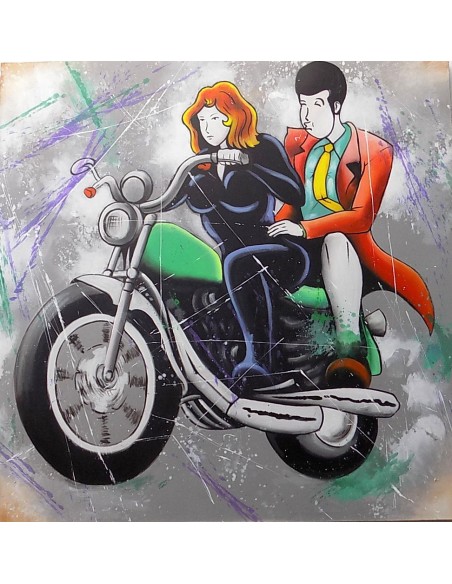 Quadro Lupin stilizzato III cm 100x100 con Margot Fujiko in moto pop art moderno arredo