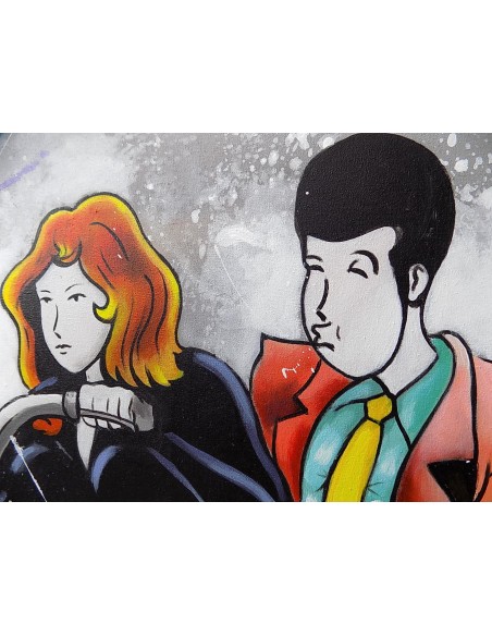 Quadro Lupin stilizzato III cm 100x100 con Margot Fujiko in moto pop art moderno arredo