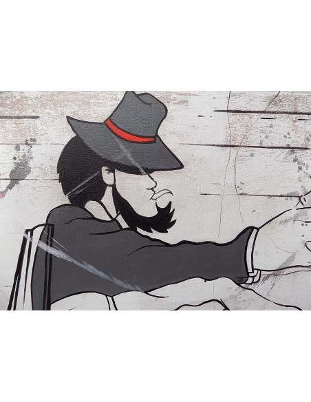 Quadro Lupin III cm 150x80 con Jigen in fuga durante una sparatoria pop art moderno arredo