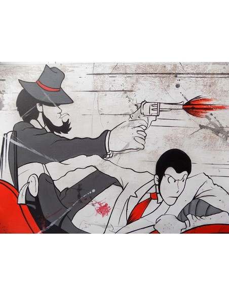 Quadro Lupin III cm 150x80 con Jigen in fuga durante una sparatoria pop art moderno arredo
