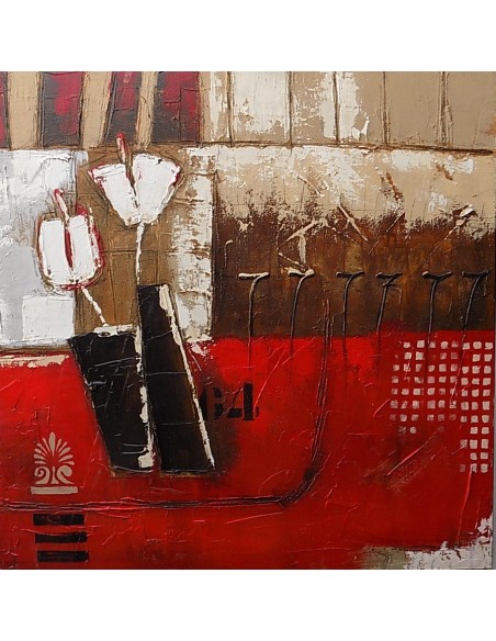 Quadro floreale tupipani bianchi su base rossa astratto ad olio cm 100x100 dipinto 2