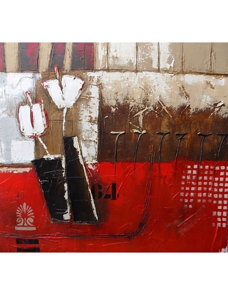 Quadro floreale tupipani bianchi su base rossa astratto ad olio cm 100x100 dipinto 2