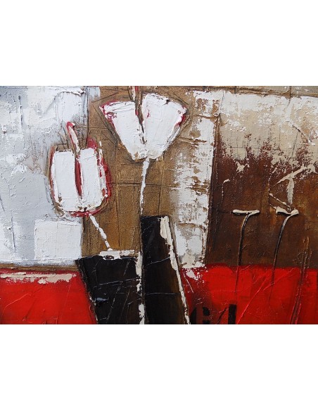 Quadro floreale tupipani bianchi su base rossa astratto ad olio cm 100x100 dipinto 2