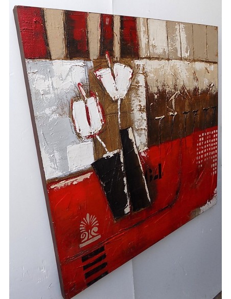 Quadro floreale tupipani bianchi su base rossa astratto ad olio cm 100x100 dipinto 2