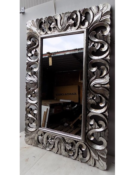 Specchio barocco in legno intarsiato cm 150x90 argento anticato mod. Valencia