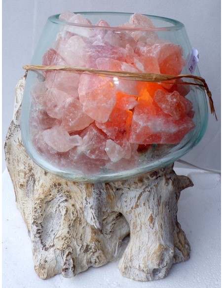 Lampada di sale irripetibile creata in vetro soffiato su legno bianco dec. salgemma Himalaya cm 25x20x25 n 7