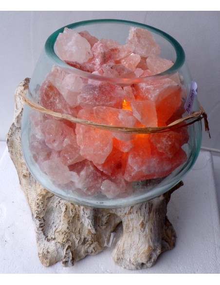 Lampada di sale irripetibile creata in vetro soffiato su legno bianco dec. salgemma Himalaya cm 25x20x25 n 7