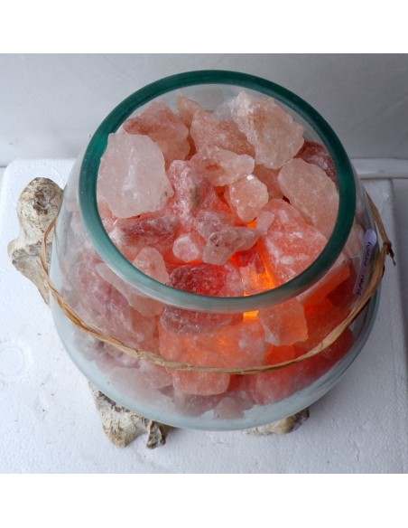 Lampada di sale irripetibile creata in vetro soffiato su legno bianco dec. salgemma Himalaya cm 25x20x25 n 7