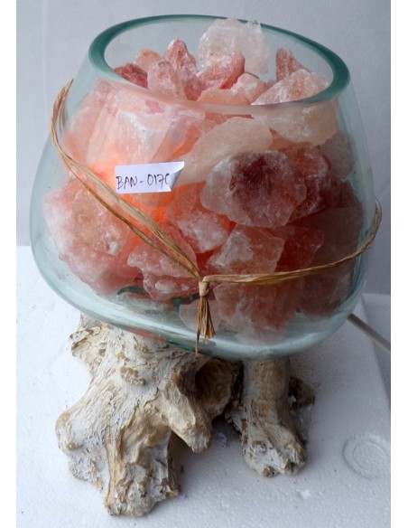 Lampada di sale irripetibile creata in vetro soffiato su legno bianco dec. salgemma Himalaya cm 25x20x25 n 7