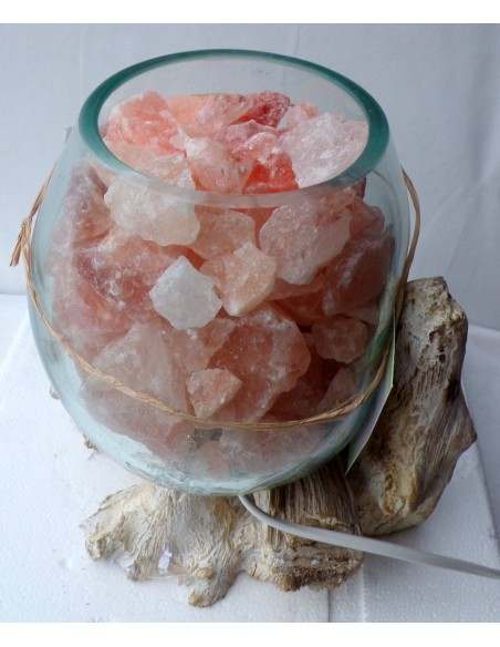 Lampada di sale irripetibile creata in vetro soffiato su legno bianco dec. salgemma Himalaya cm 25x20x25 n 7