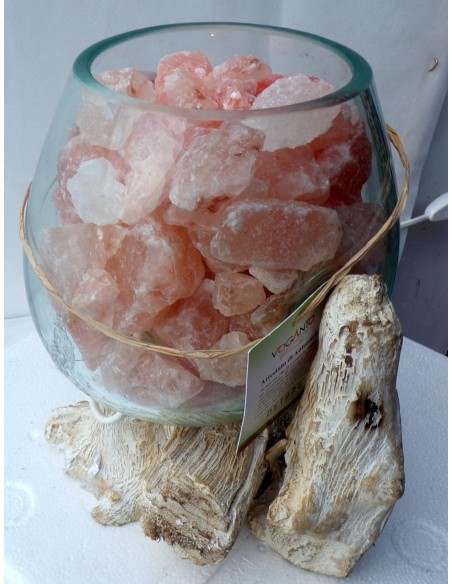 Lampada di sale irripetibile creata in vetro soffiato su legno bianco dec. salgemma Himalaya cm 25x20x25 n 7