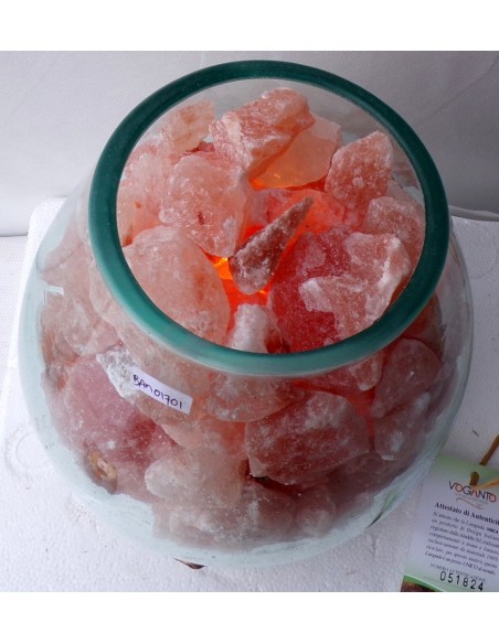 Lampada di sale irripetibile creata in vetro soffiato su legno bianco dec. salgemma Himalaya cm 25x20x26 n 8