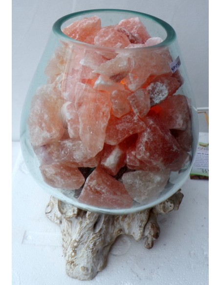 Lampada di sale irripetibile creata in vetro soffiato su legno bianco dec. salgemma Himalaya cm 25x20x26 n 8