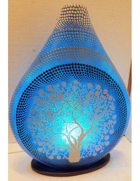 Lampada da tavolo in resina a bottiglia Albero della vita blu dipinta tecnica maori spirale cm35x15x45