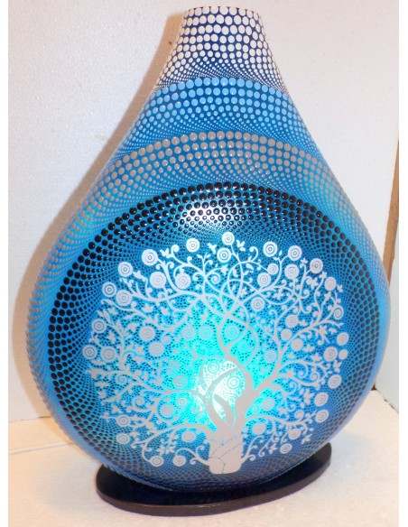 Lampada da tavolo in resina a bottiglia Albero della vita blu dipinta tecnica maori spirale cm35x15x45