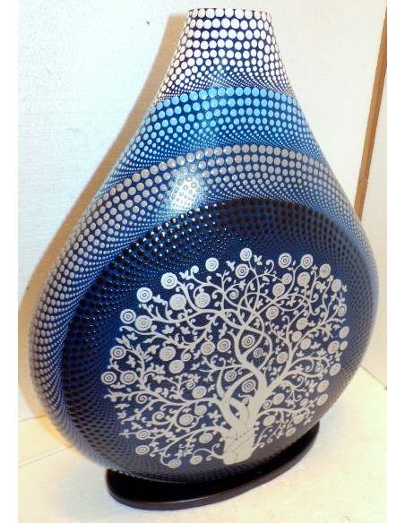 Lampada da tavolo in resina a bottiglia Albero della vita blu dipinta tecnica maori spirale cm35x15x45