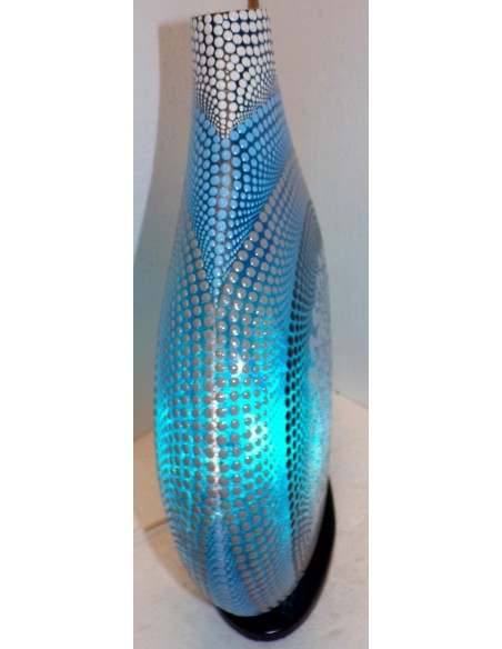 Lampada da tavolo in resina a bottiglia Albero della vita blu dipinta tecnica maori spirale cm35x15x45