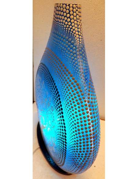 Lampada da tavolo in resina a bottiglia Albero della vita blu dipinta tecnica maori spirale cm35x15x45