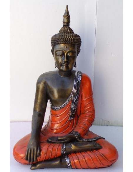 Buddha Thai in resina colorata veste arancio dipinta a mano cm 46x27x68h anticata