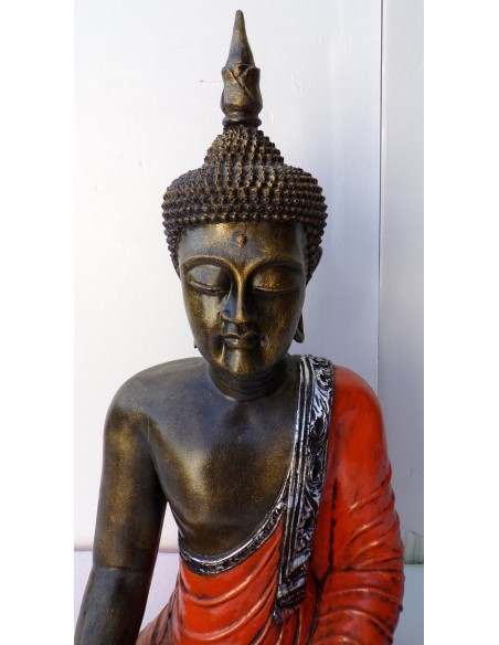 Buddha Thai in resina colorata veste arancio dipinta a mano cm 46x27x68h anticata