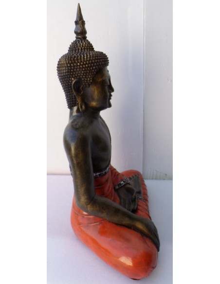 Buddha Thai in resina colorata veste arancio dipinta a mano cm 46x27x68h anticata