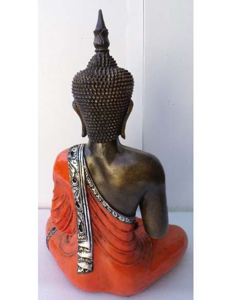 Buddha Thai in resina colorata veste arancio dipinta a mano cm 46x27x68h anticata